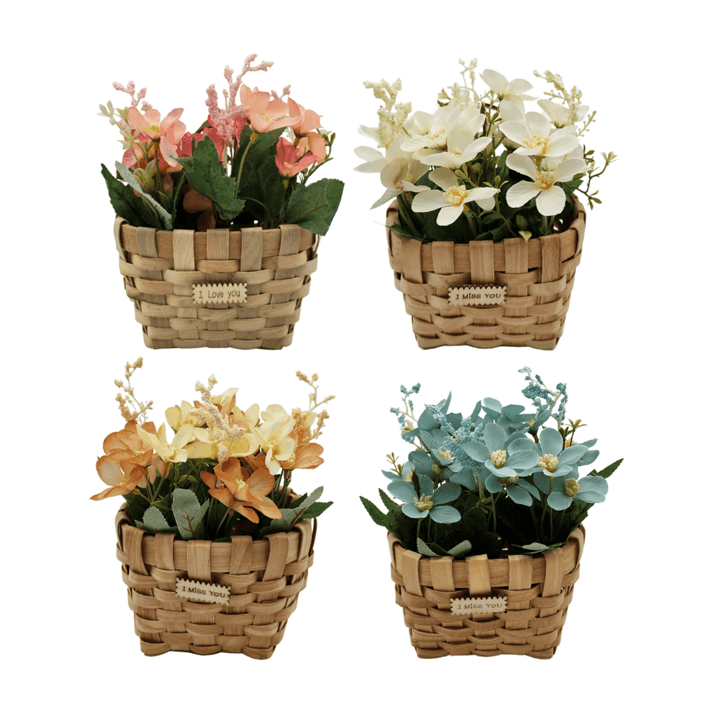 Planta Artificial Macetero Estilo Mimbre Flores Rosados - Fliperex