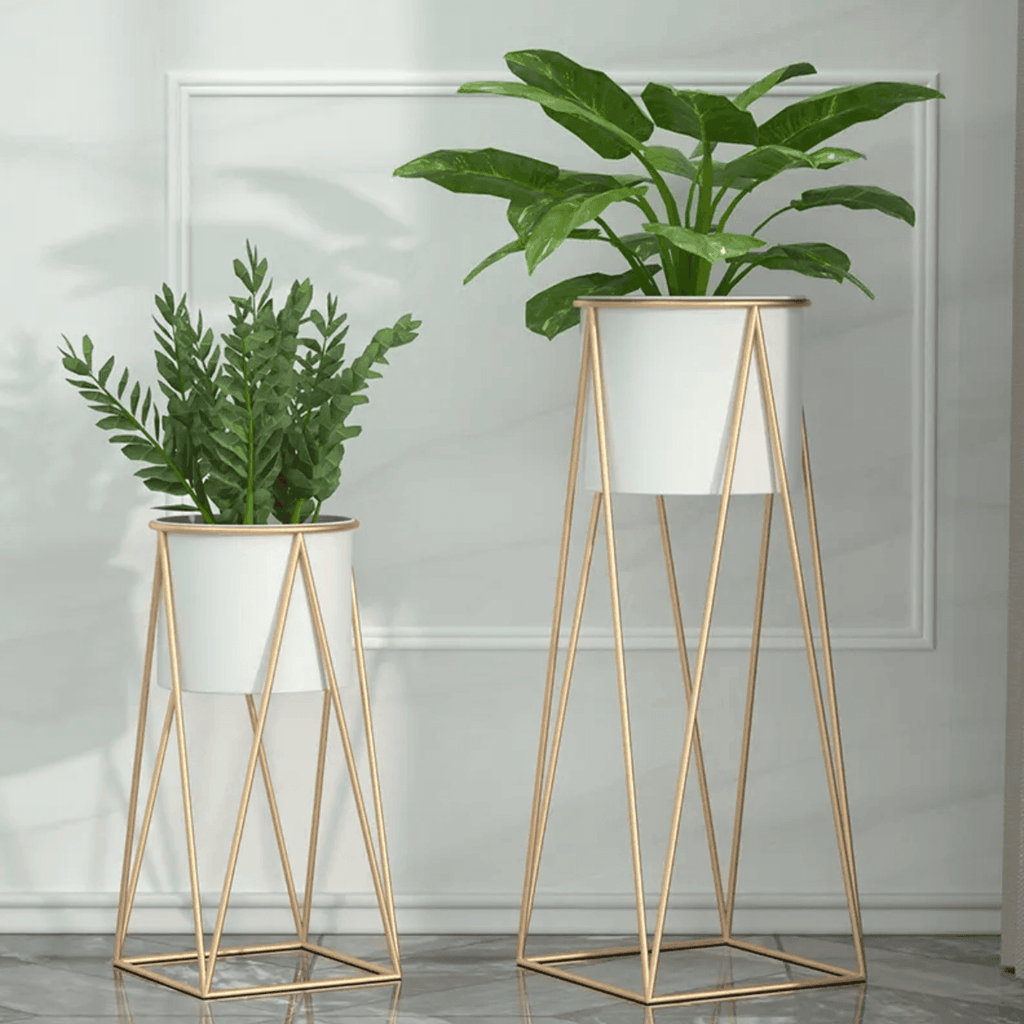 Set 2 Porta Maceteros Pedestal Maceta Plantas Blanco Dorados - Fliperex