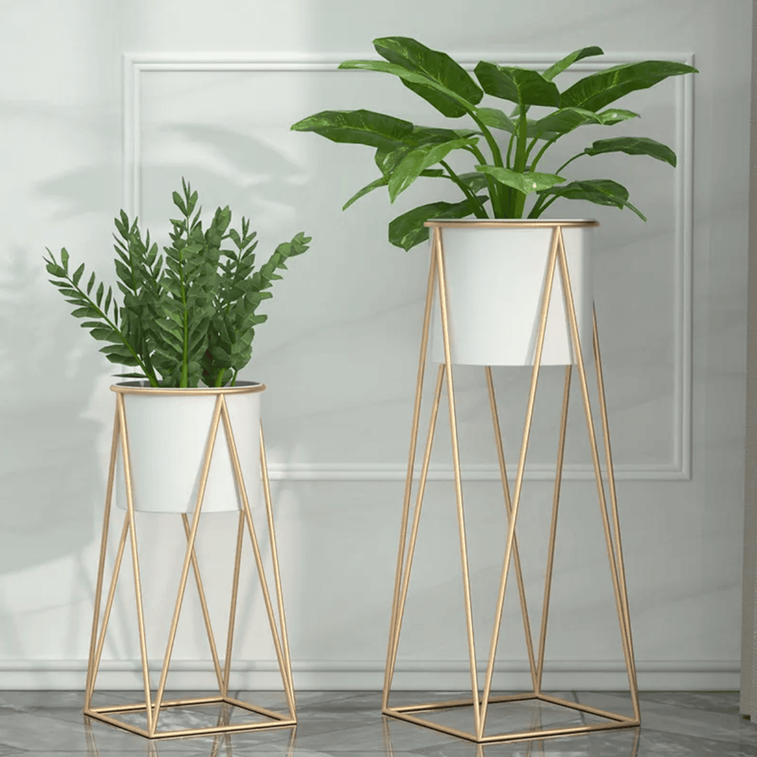 Set 2 Porta Maceteros Pedestal Maceta Plantas Blanco Dorados - Fliperex