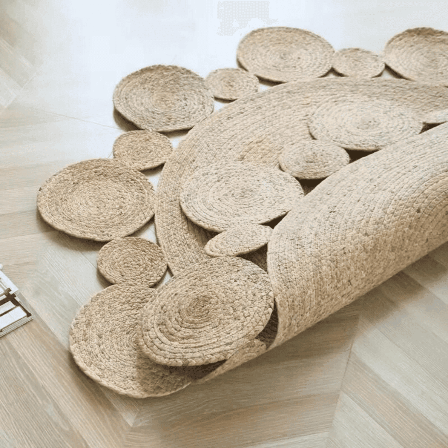 Alfombra Redonda De Yute Borde Circulos Intercalado Natural - Fliperex