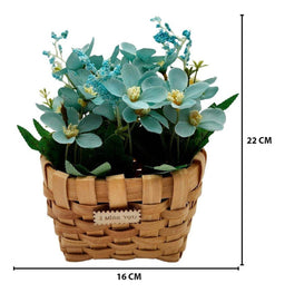 Planta Artificial Macetero Estilo Mimbre Flores Celestes - Fliperex