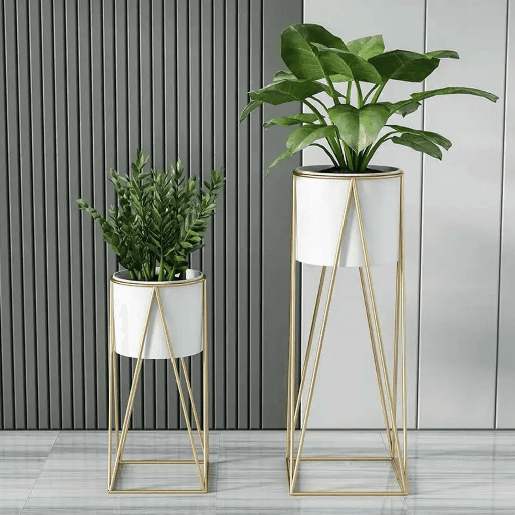 Set 2 Porta Maceteros Pedestal Maceta Plantas Blanco Dorados - Fliperex