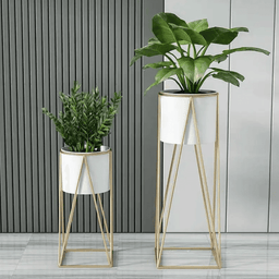 Set 2 Porta Maceteros Pedestal Maceta Plantas Blanco Dorados - Fliperex