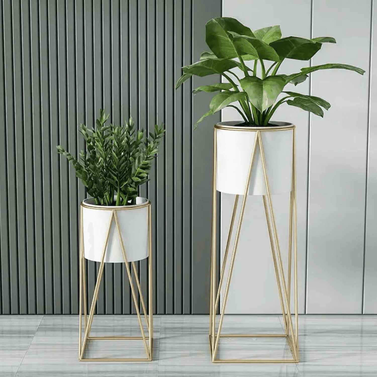 Set 2 Porta Maceteros Pedestal Maceta Plantas Blanco Dorados - Fliperex