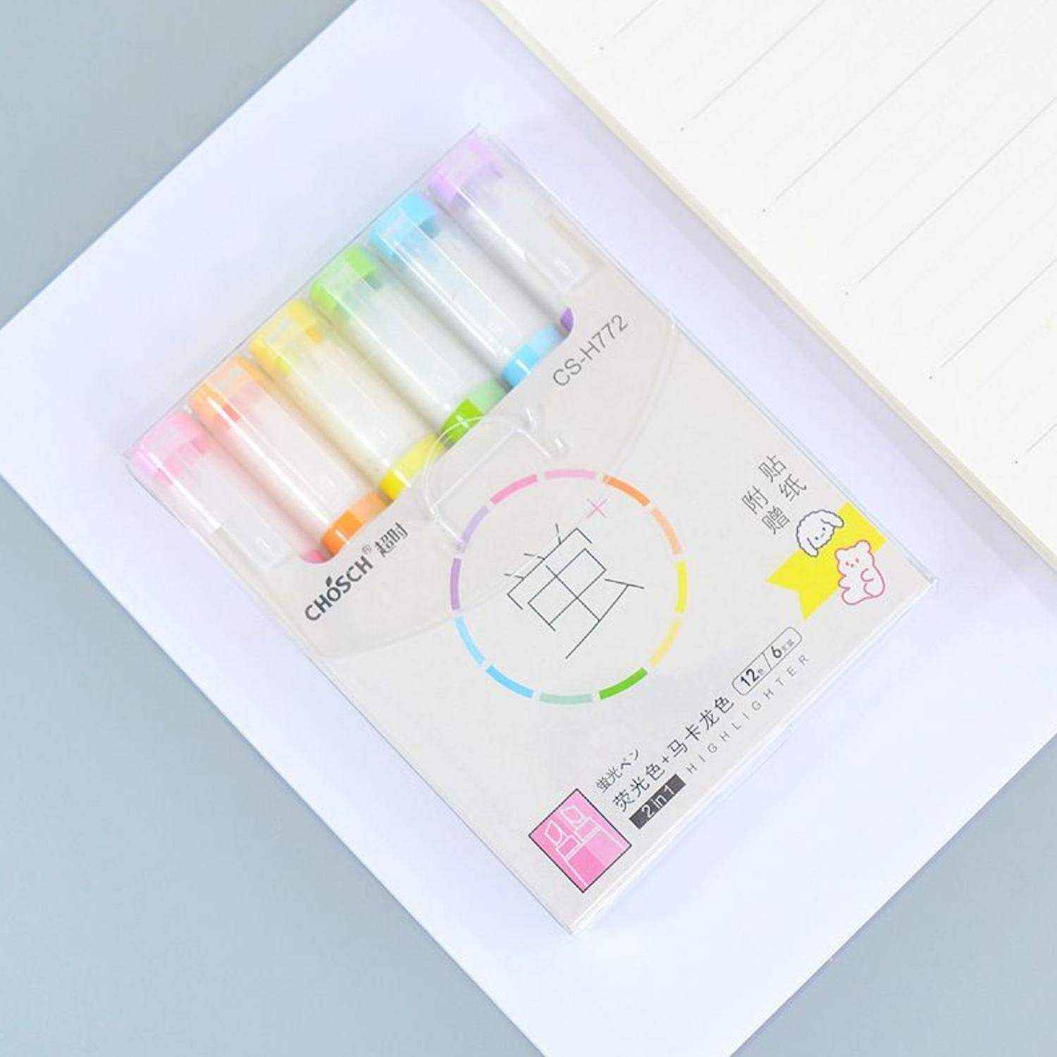 Set Lapices 12 Colores Marcadores Destacador 2 En 1 Stickers - Fliperex