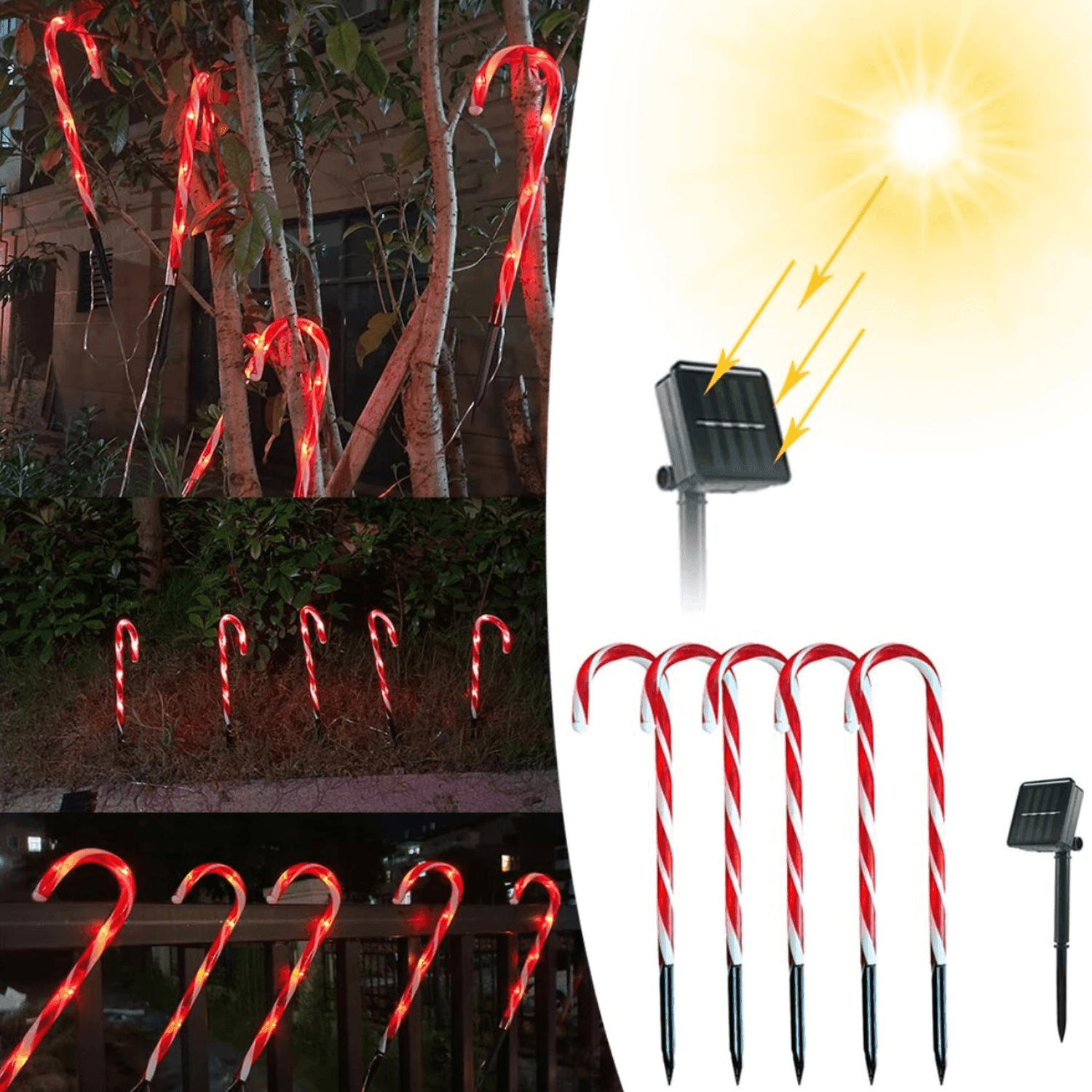 Set 5 Bastones De Navidad Luces Solares Navidad Jardin Hogar - Fliperex