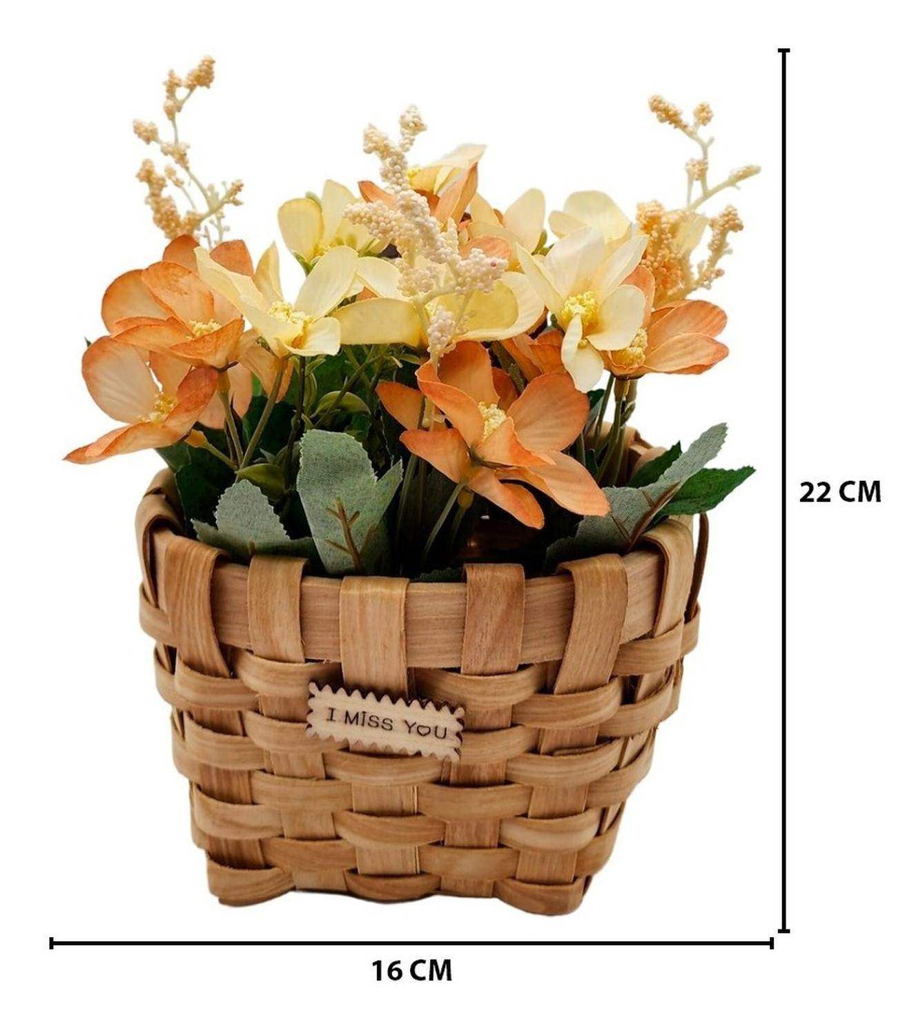 Planta Artificial Macetero Mimbre Flores Amarillas Naranjas - Fliperex