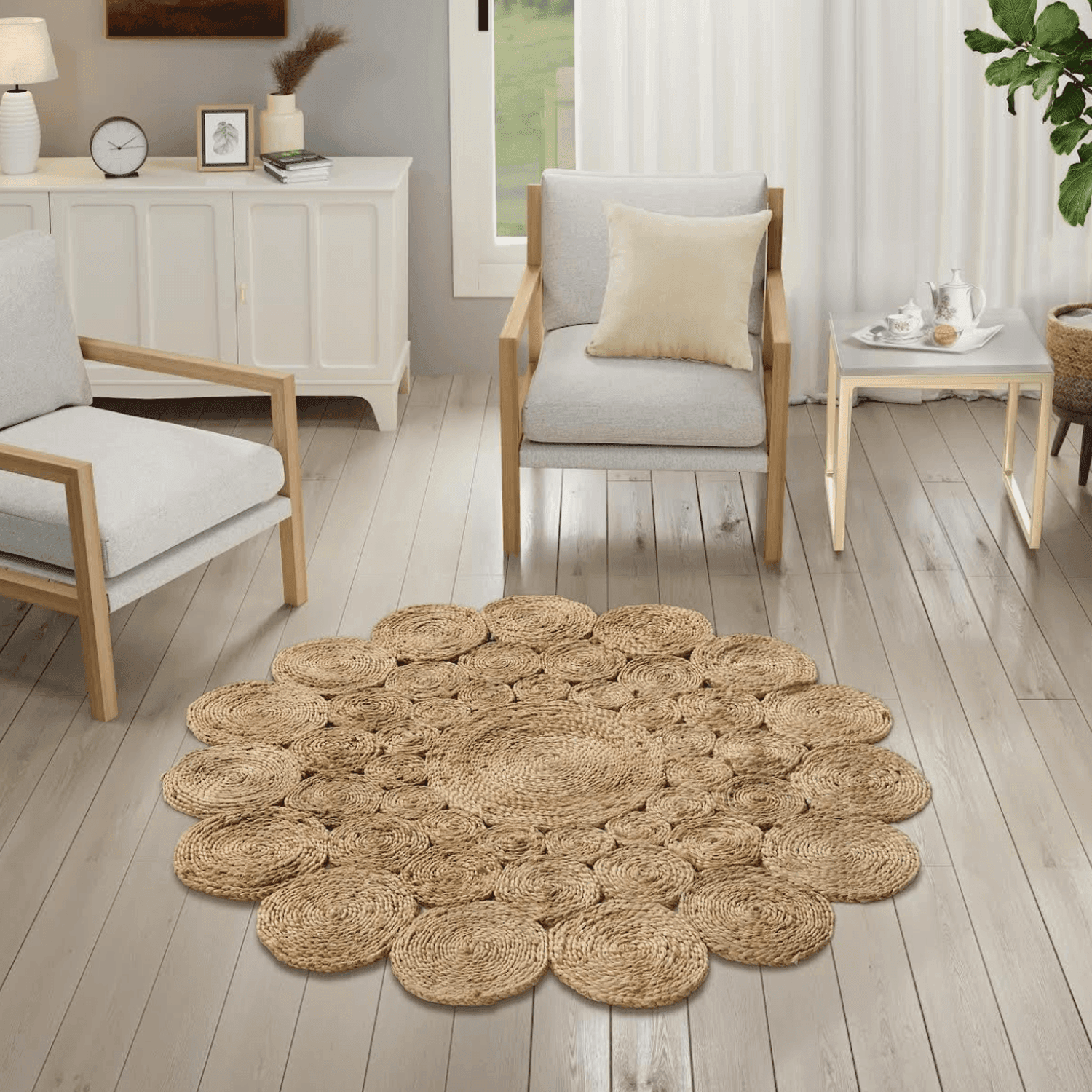 Alfombra Redonda De Yute Todo Circulos Color Natural - Fliperex