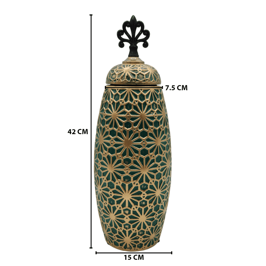 Jarron Florero Ceramica Verde Patrones En Dorado Alargado - Fliperex