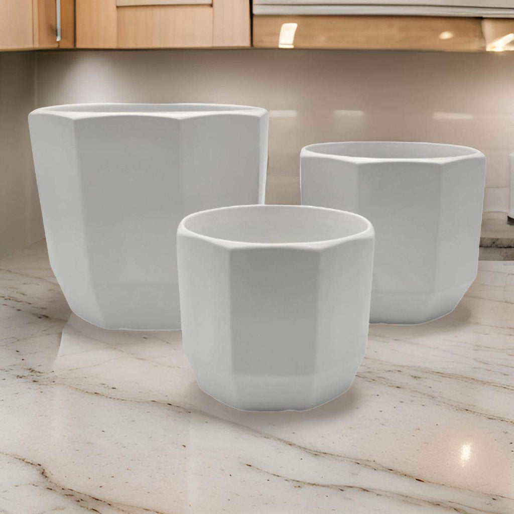 Set 3 Maceteros Maceta De Ceramica Blancos Lineas Verticales - Fliperex