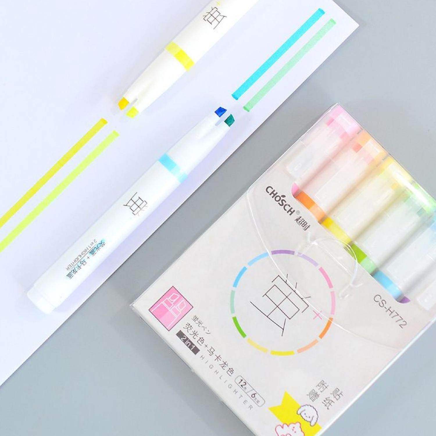 Set Lapices 12 Colores Marcadores Destacador 2 En 1 Stickers - Fliperex