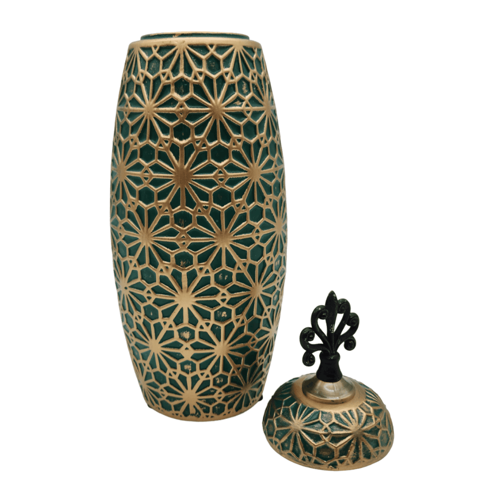 Jarron Florero Ceramica Verde Patrones En Dorado Alargado - Fliperex