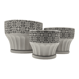 Set 3 Macetero Maceta De Ceramica Blanco Patrones Negro Alto - Fliperex