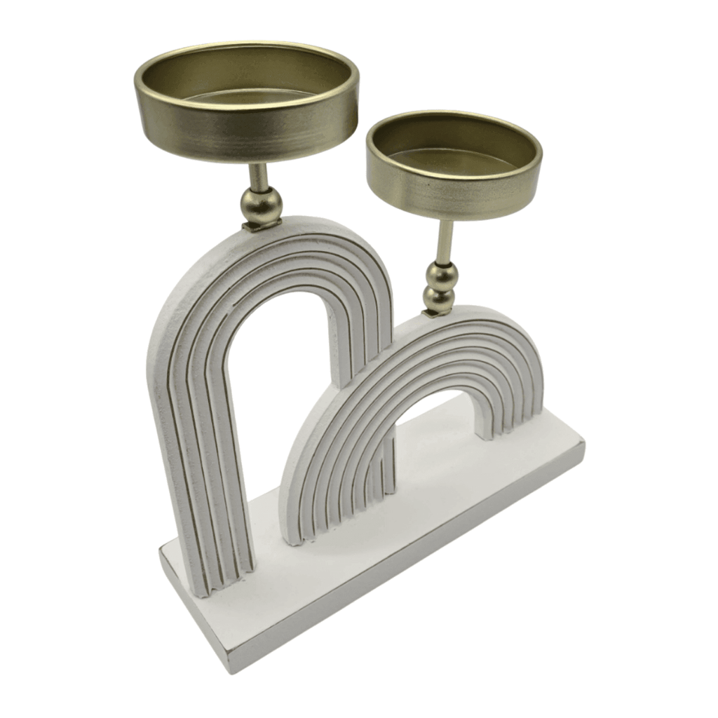 Candelabro Porta Vela Doble De Madera Blanco Con Dorado - Fliperex