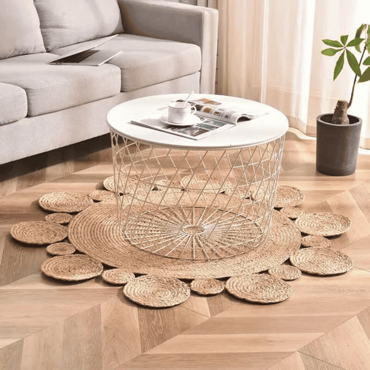 Alfombra Redonda De Yute Borde Circulos Intercalado Natural - Fliperex