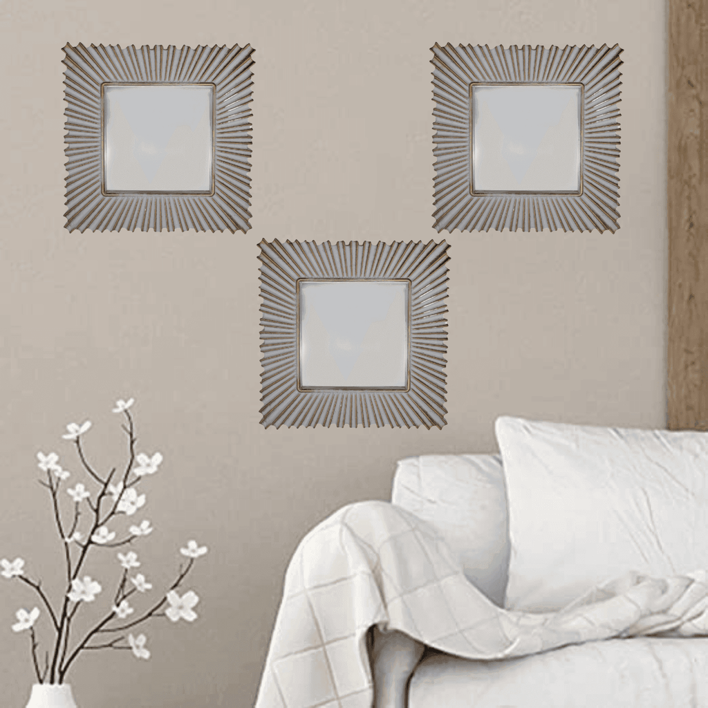 Set 3 Marcos De Espejos Cuadrados Blancos Lineas Doradas - Fliperex