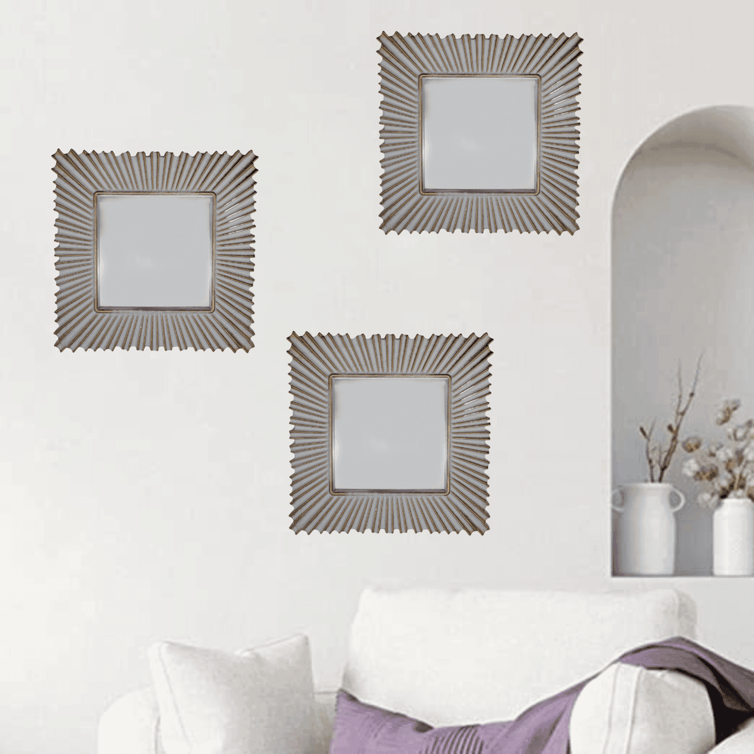Set 3 Marcos De Espejos Cuadrados Blancos Lineas Doradas - Fliperex