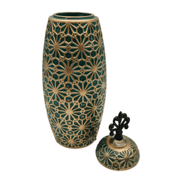 Jarron Florero Ceramica Verde Patrones En Dorado Alargado - Fliperex