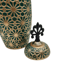 Jarron Florero Ceramica Verde Patrones En Dorado Alargado - Fliperex