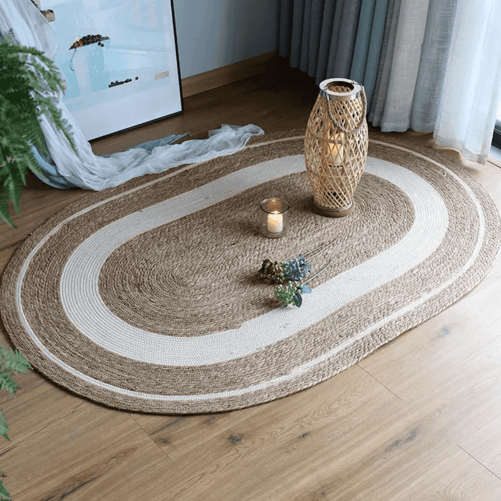 Alfombra De Yute Rustica Ovalada Natural Con Franja Blanca M - Fliperex
