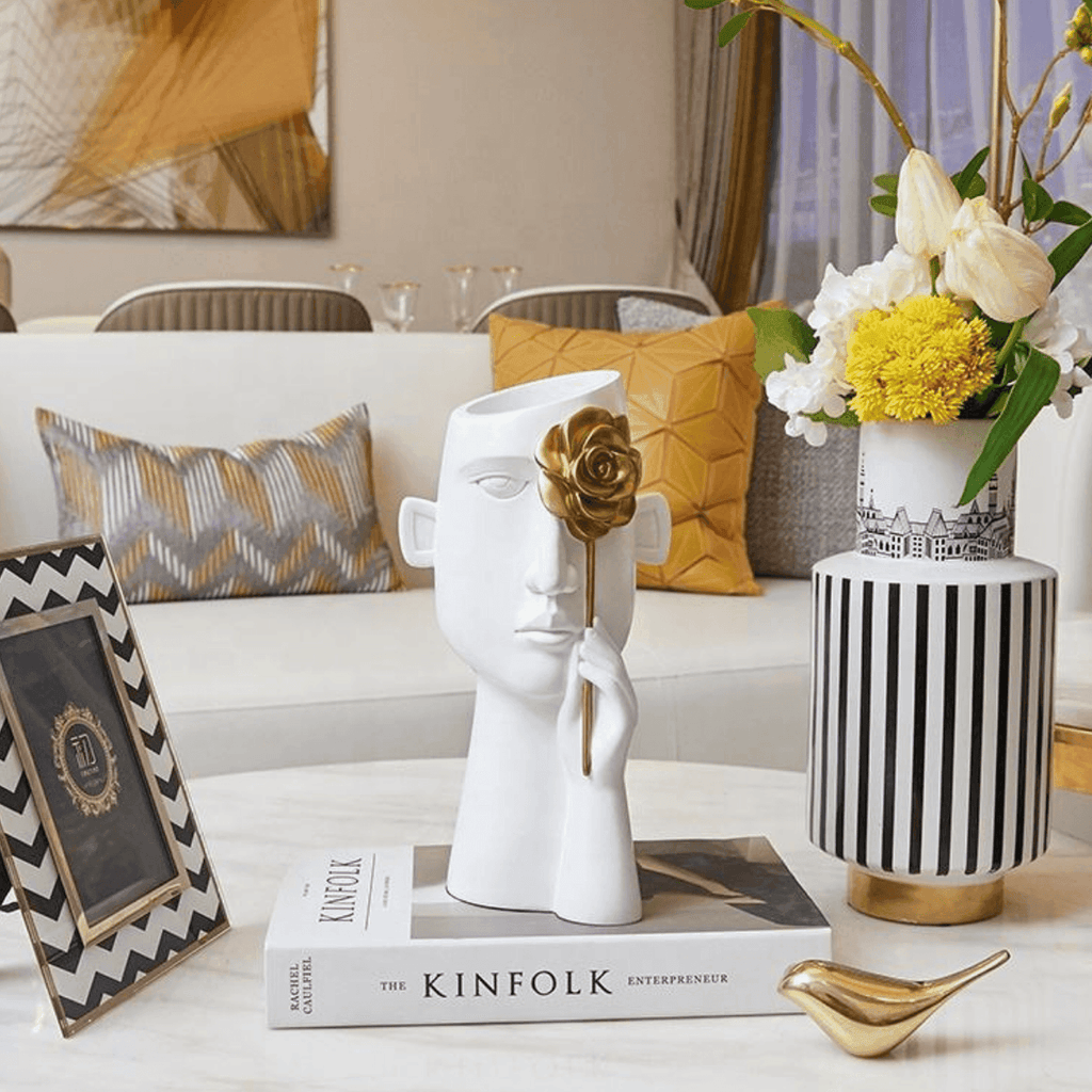 Florero Retrato Nordico Escultura Rostro De Resina Blanco - Fliperex