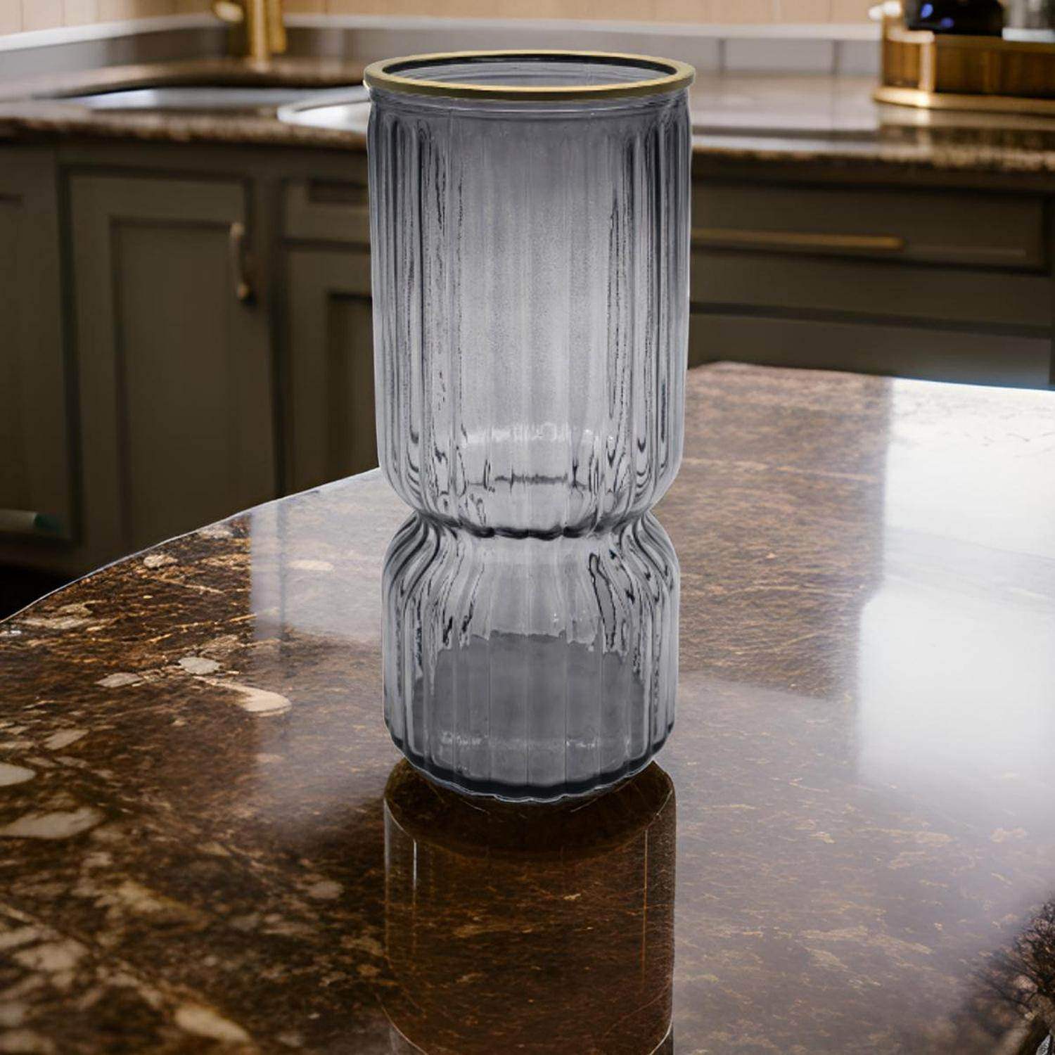 Florero Decorativo De Vidrio Con Diseño Borde Dorado Gris - Fliperex