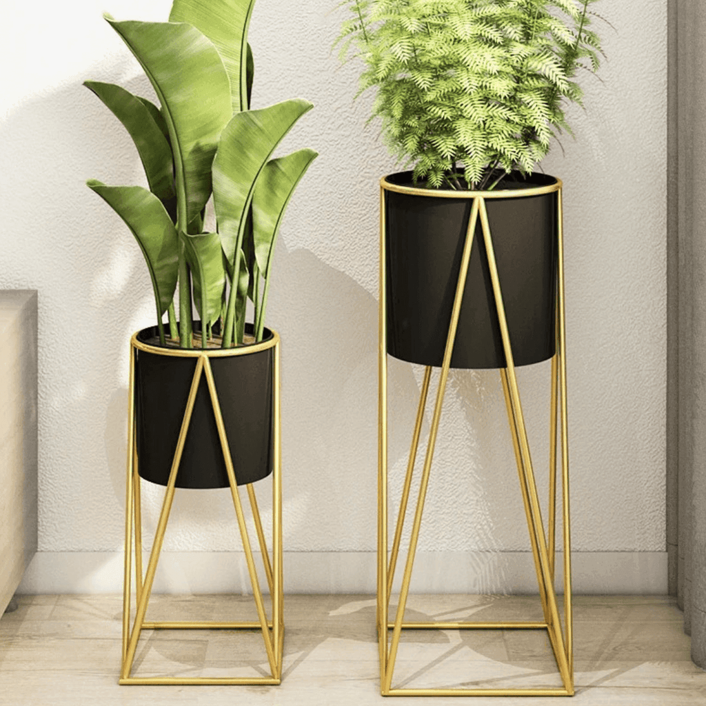Porta Macetero Pedestal Maceta Plantas Negro Dorado - Fliperex
