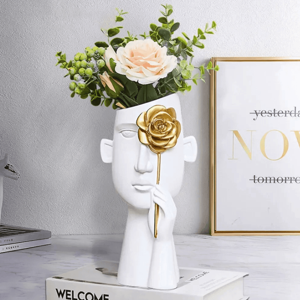 Florero Retrato Nordico Escultura Rostro De Resina Blanco - Fliperex