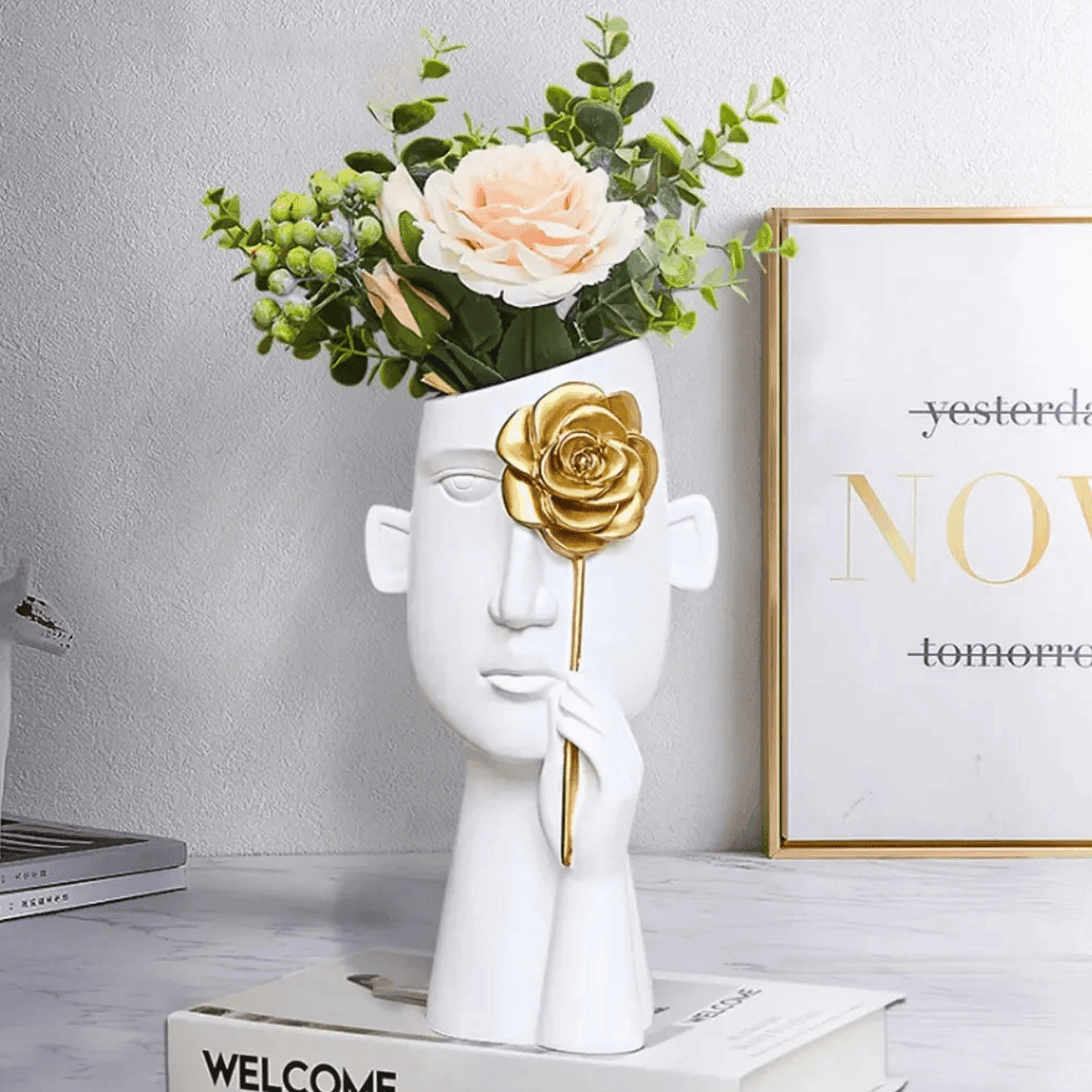 Florero Retrato Nordico Escultura Rostro De Resina Blanco - Fliperex