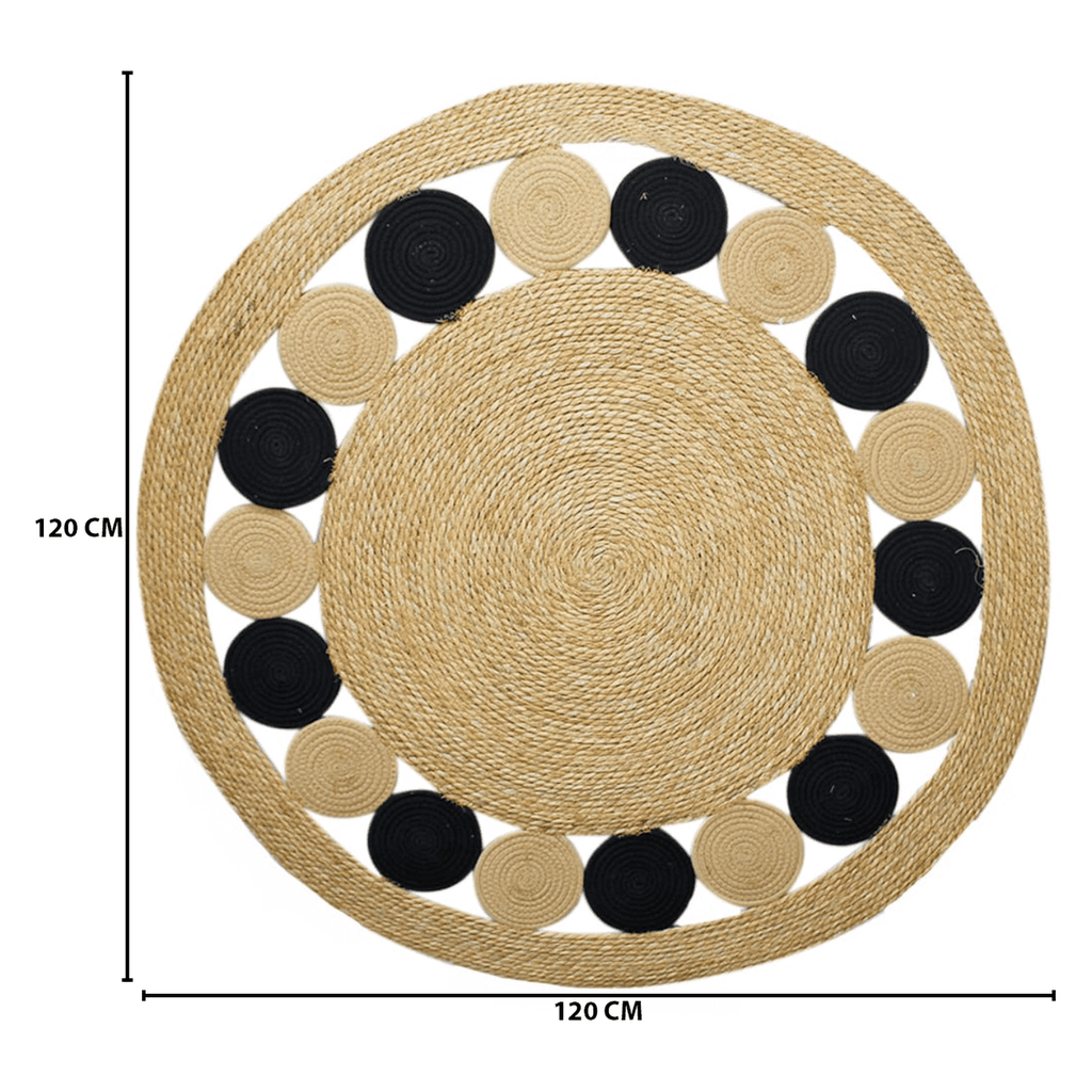 Alfombra Redonda De Yute Borde De Circulos Negro y Franja - Fliperex