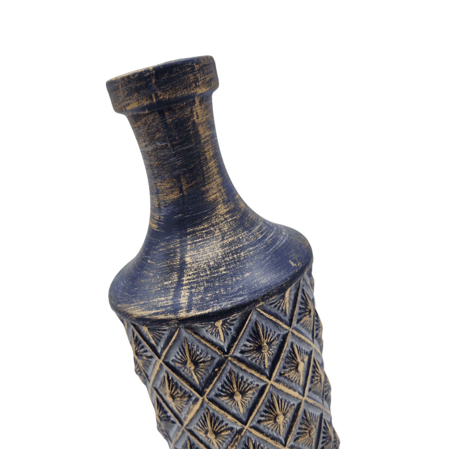 Jarron Florero Ceramica Diseño Rombos Azul Dorado Alargado - Fliperex