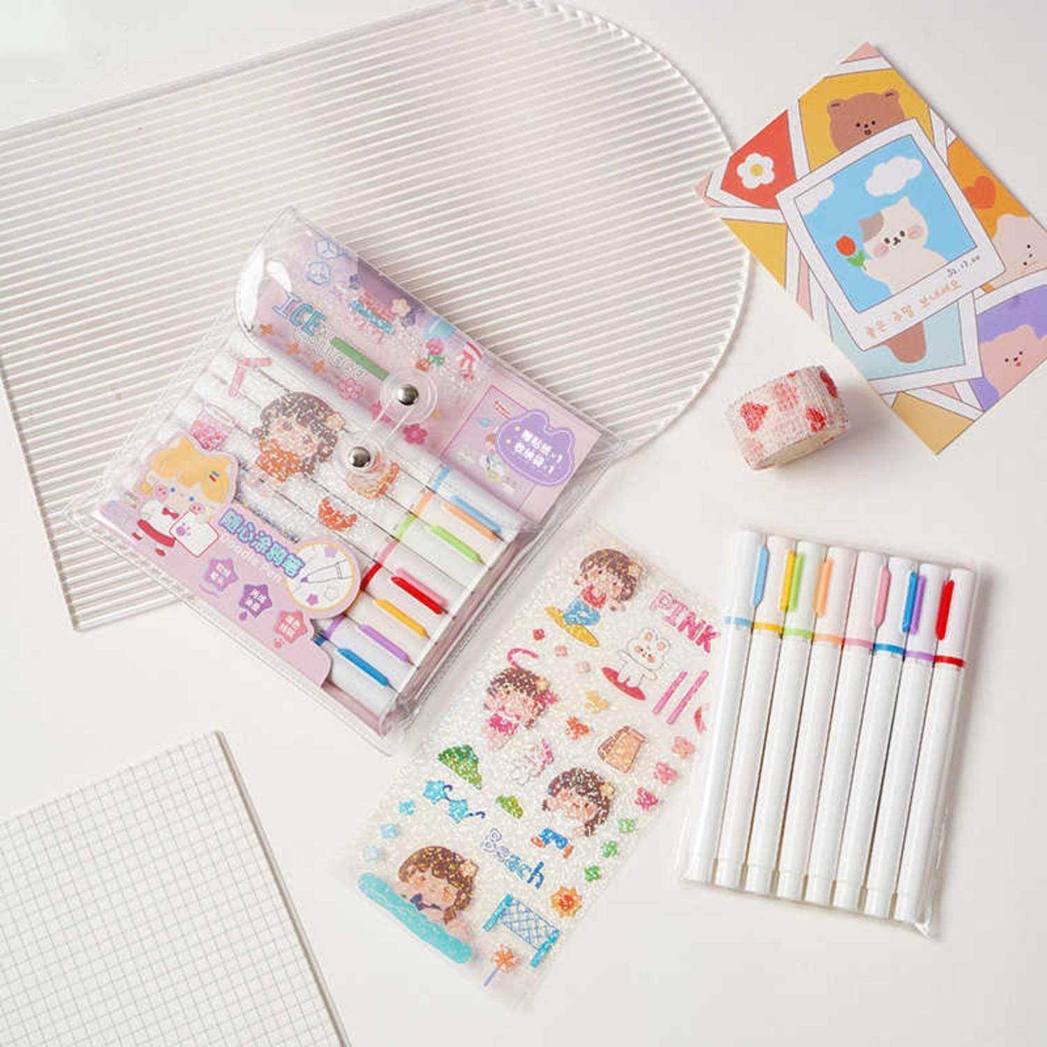 Set 8 Marcadores Acrilicos Punta Pincel + Stickers Y Estuche - Fliperex