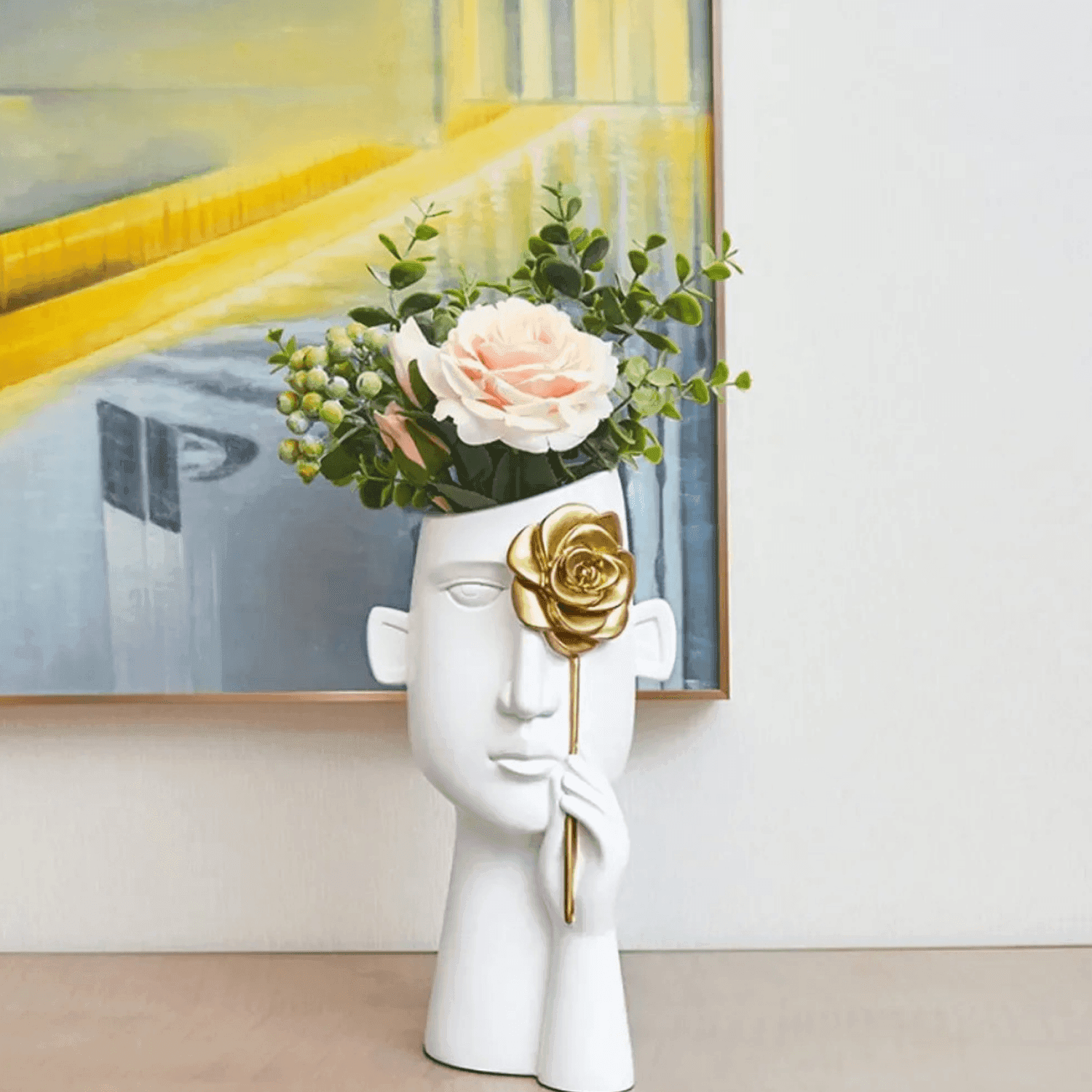 Florero Retrato Nordico Escultura Rostro De Resina Blanco - Fliperex