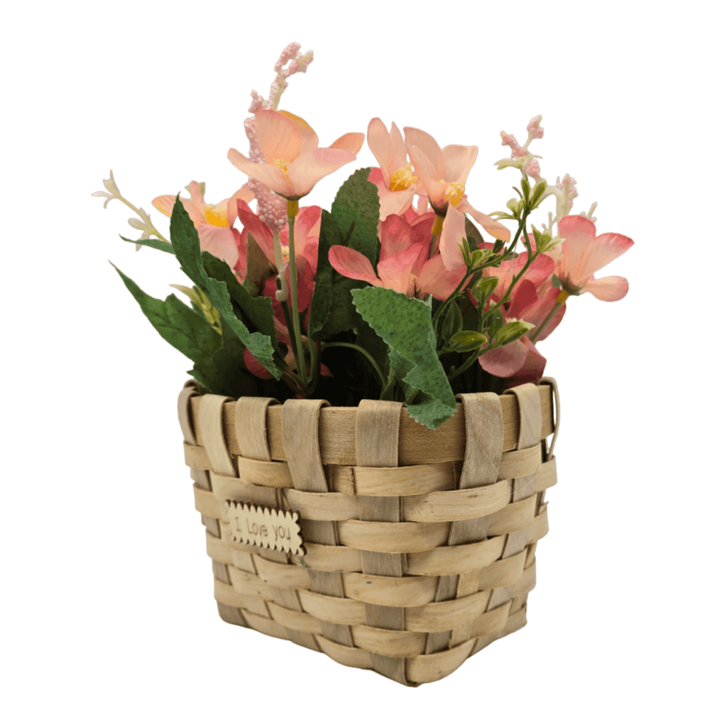 Planta Artificial Macetero Estilo Mimbre Flores Rosados - Fliperex