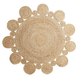 Alfombra Redonda De Yute Borde Circulos Intercalado Natural - Fliperex