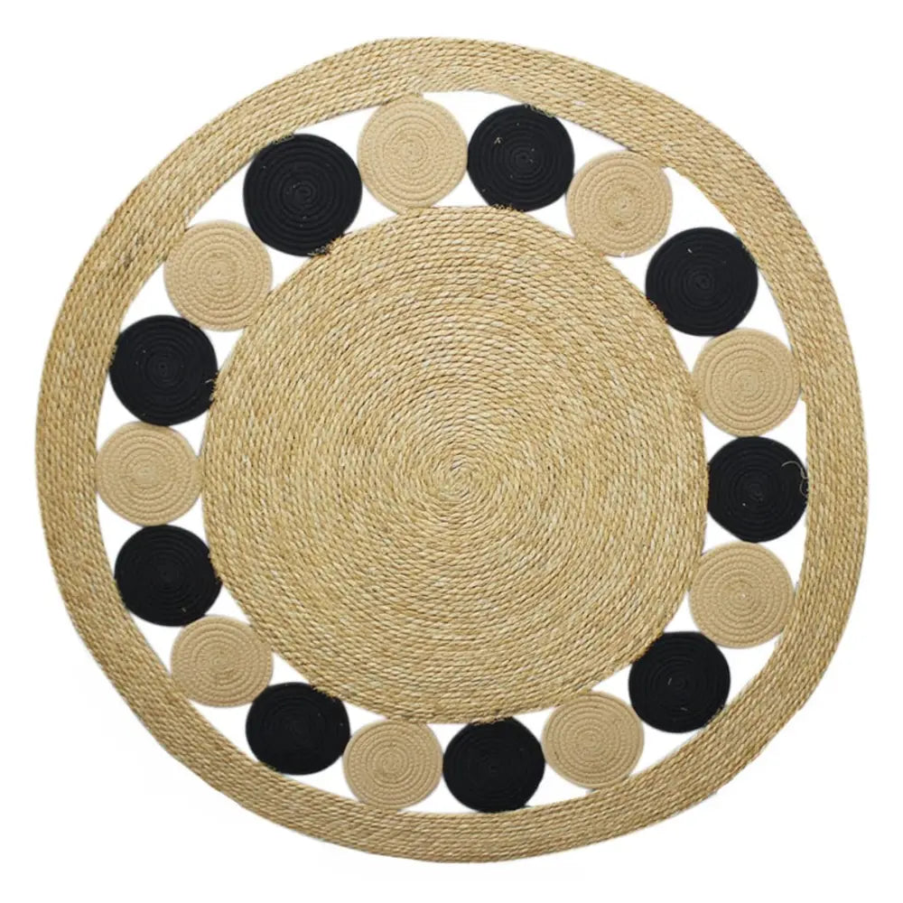 Alfombra Redonda De Yute Borde De Circulos Negro y Franja - Fliperex