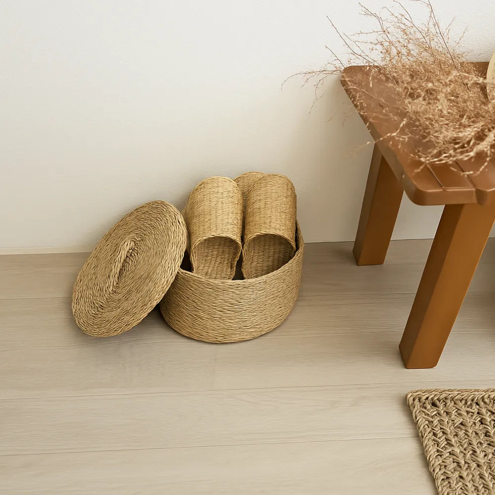 Canasto Cesta De Yute Tejida Con Tapa Acabado Rustico M