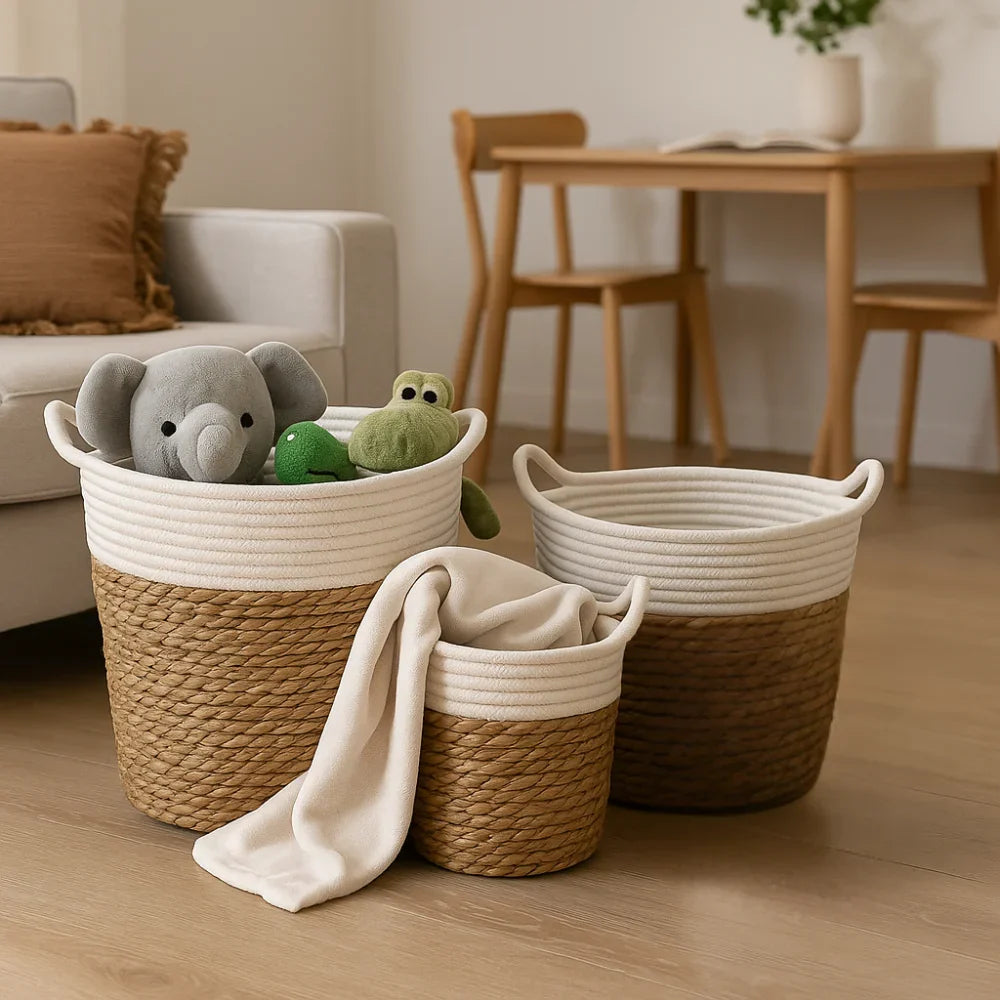 Canasto Cesta Yute Algodón Tejido Estilo Rustico Con Asas M