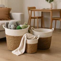 Canasto Cesta Yute Algodón Tejido Estilo Rustico Con Asas M