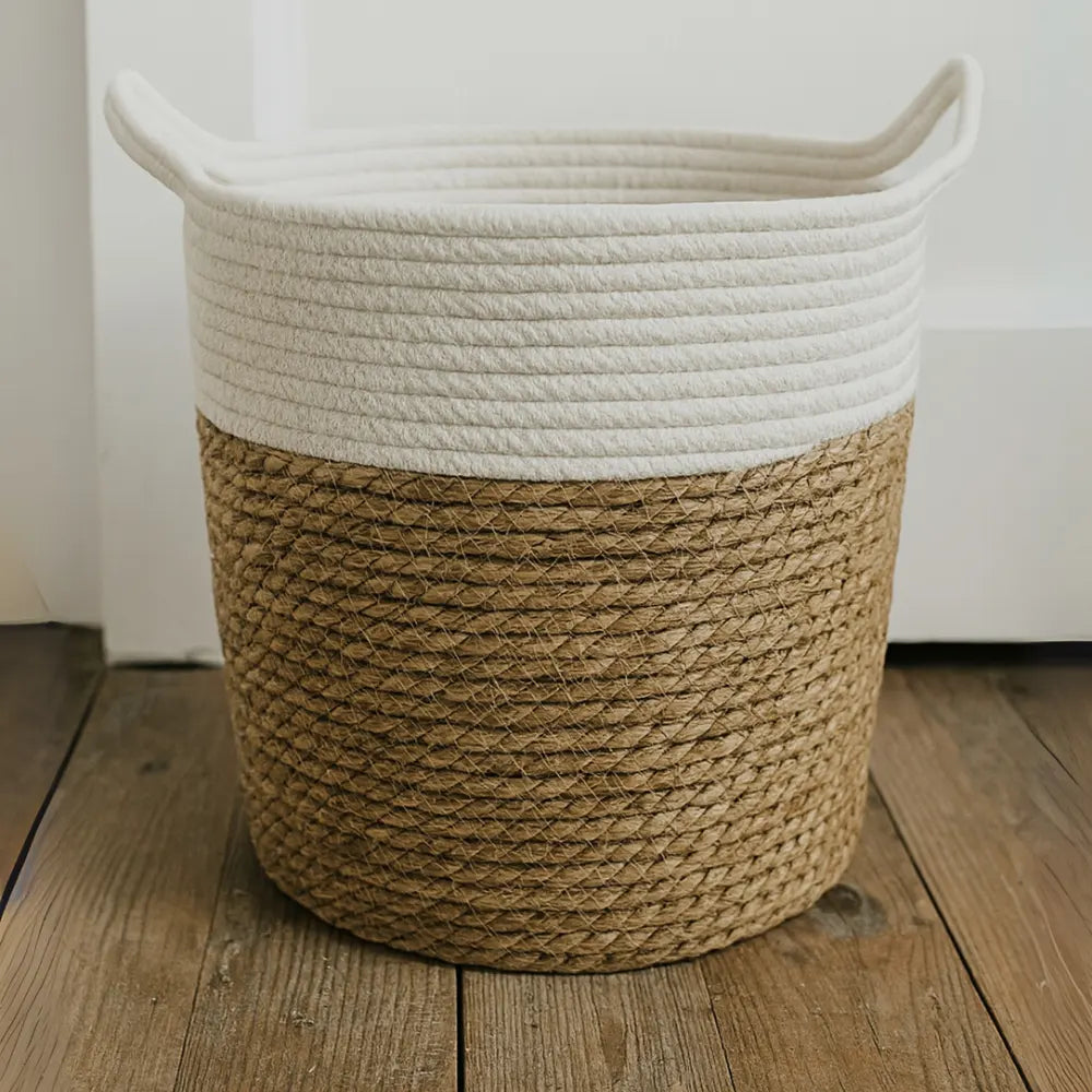 Canasto Cesta Yute Algodón Tejido Estilo Rustico Con Asas M