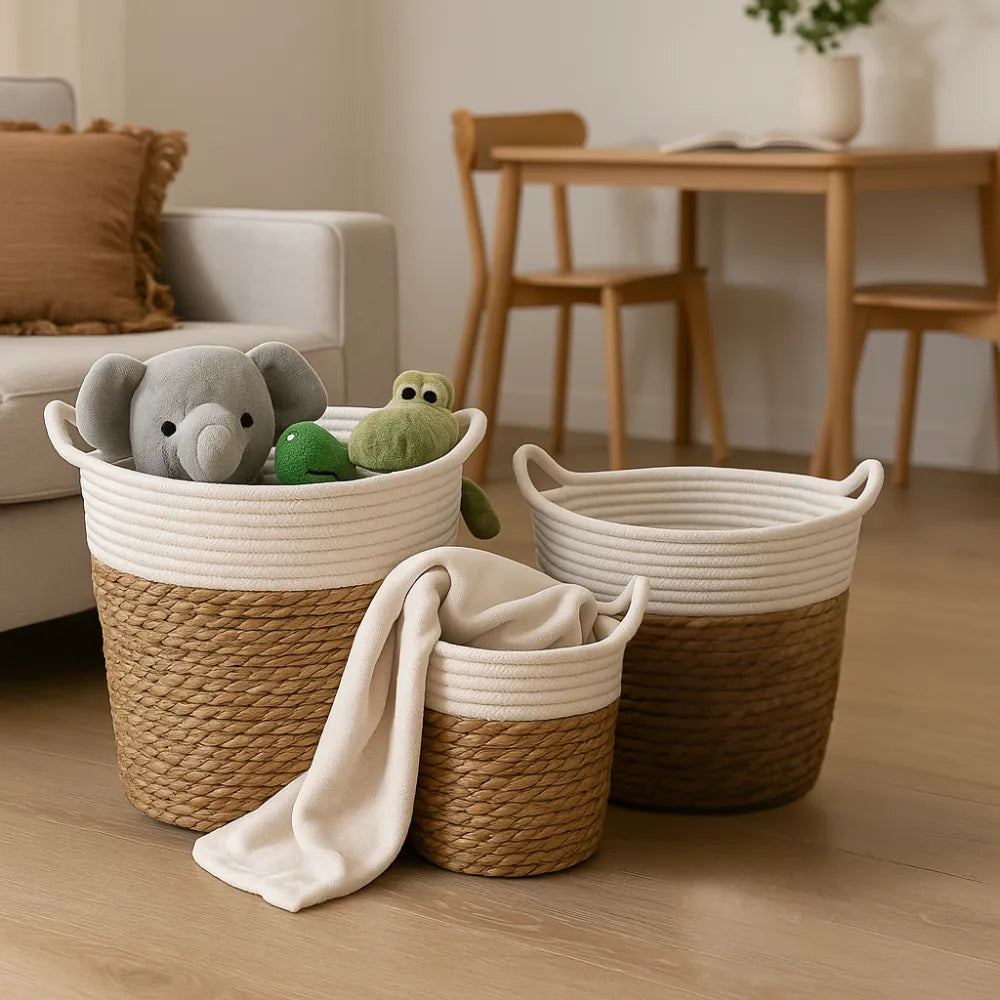 Canasto Cesta Yute Algodón Tejido Estilo Rustico Con Asas S