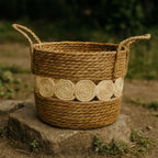 Canasto Cesta Yute Diseño Circulos Tejido Estilo Rustico L