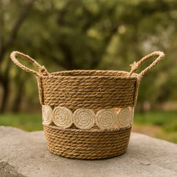 Canasto Cesta Yute Diseño Circulos Tejido Estilo Rustico S