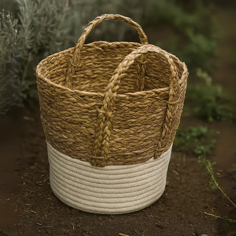 Canastos Cesta Algodón Tejido Nudo Color Blanco Asas L