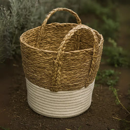 Canastos Cesta Algodón Tejido Nudo Color Blanco Asas M