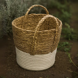 Canastos Cesta Algodón Tejido Nudo Color Blanco Asas XL