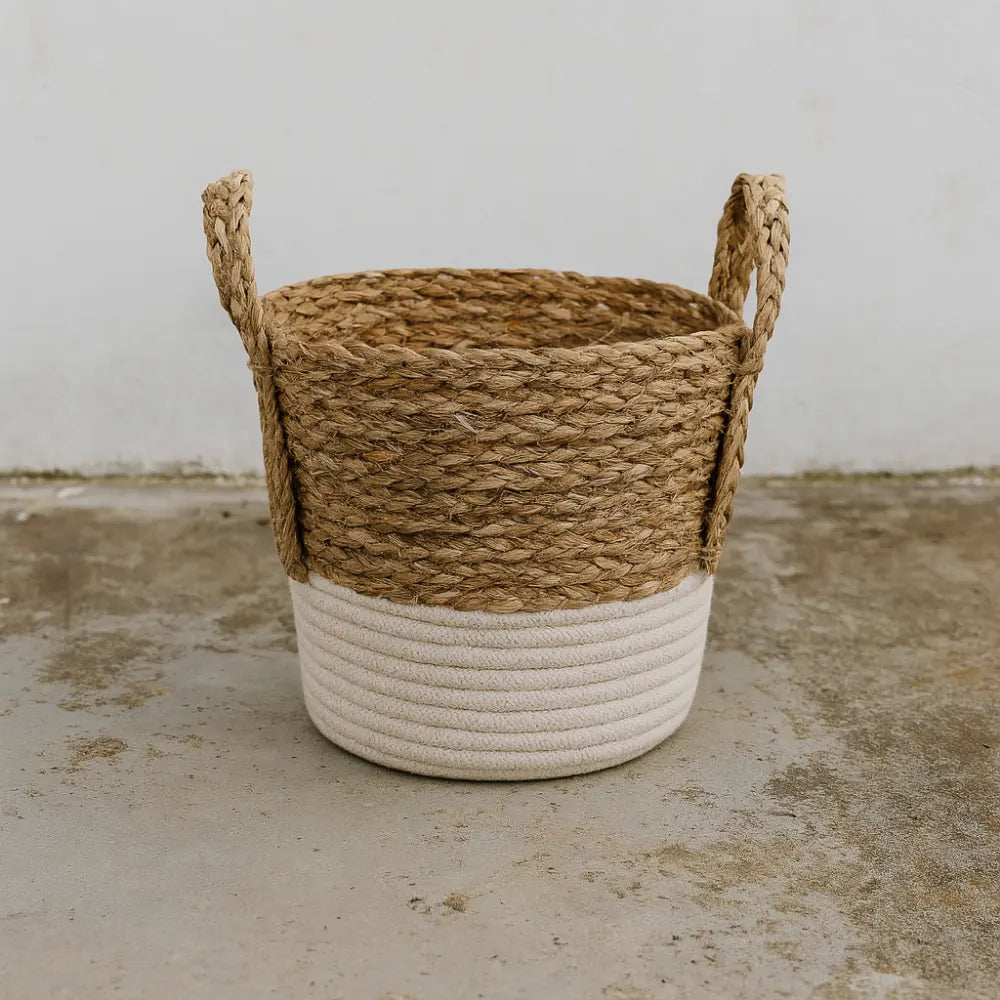 Canastos Cesta Algodón Tejido Nudo Color Blanco Asas XL