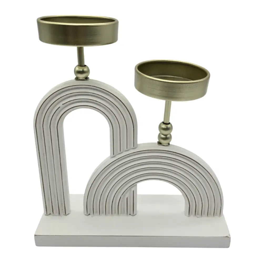 Candelabro Porta Vela Doble De Madera Blanco Con Dorado - Fliperex