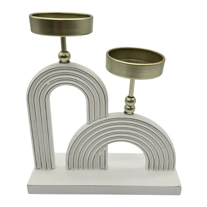 Candelabro Porta Vela Doble De Madera Blanco Con Dorado