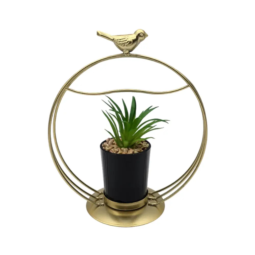 Figura Decorativa Candelabro Pajarito Dorado Con Mini Planta - Fliperex